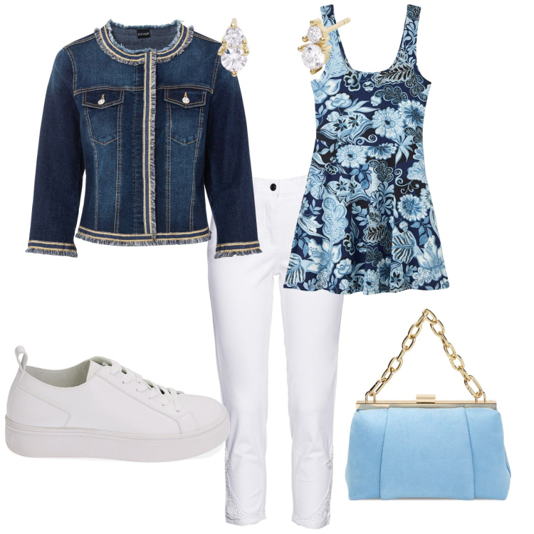 Outfit donna - Casual chic serata. Stile Casual chic per Serata fuori. Abbinamento con blazer, jeans, vestiti corti, orecchini, sneakers, borse a spalla.