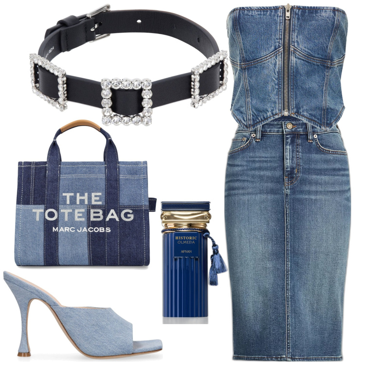 Outfit donna - Total denim. Stile Sporty chic per Serata fuori. Abbinamento con profumi, gonne, collane, top, pantofole, borse tote.
