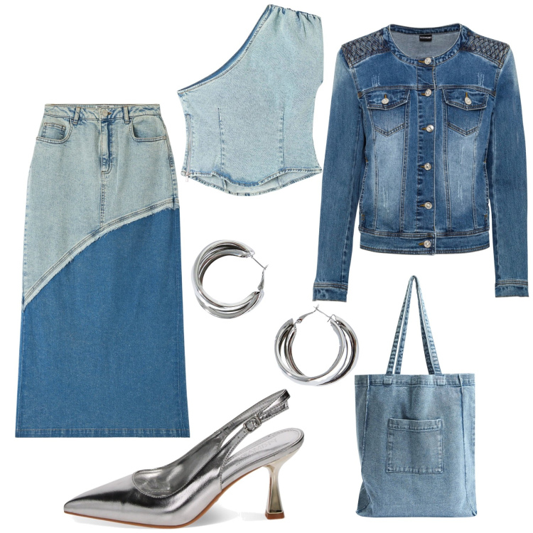 Outfit donna - 1000 sfumature di denim. Stile Sporty chic per Serata fuori. Abbinamento con blazer, gonne lunghe, shopping bag, top, décolleté, orecchini.