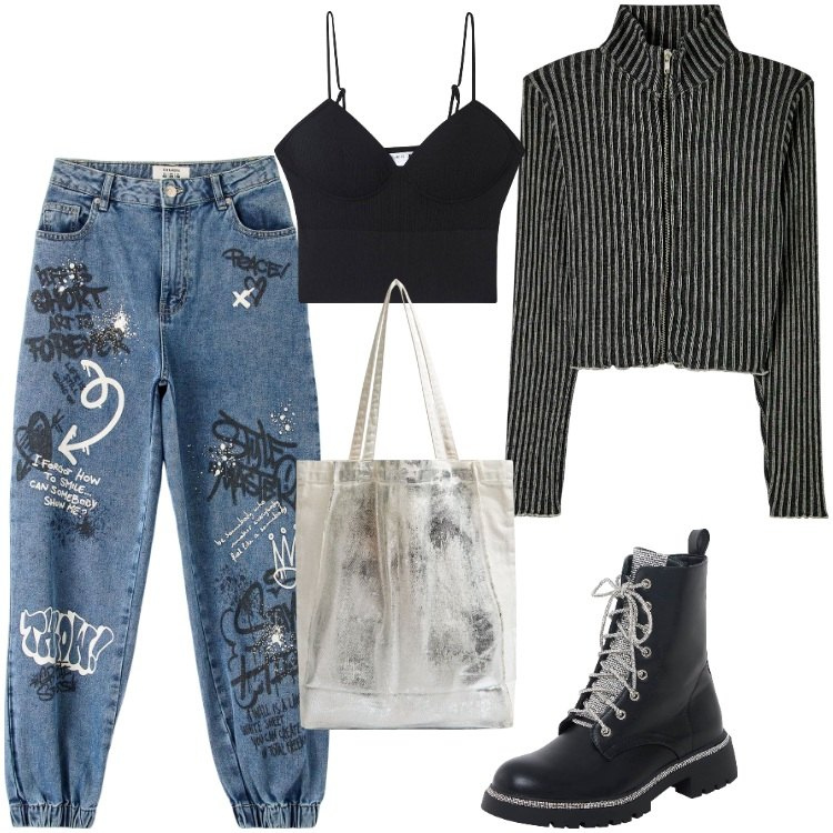 Outfit donna - Total look #1853596. Stile Trendy per Tutti i giorni. Abbinamento con maglieria, top, jeans, anfibi, shopping bag.