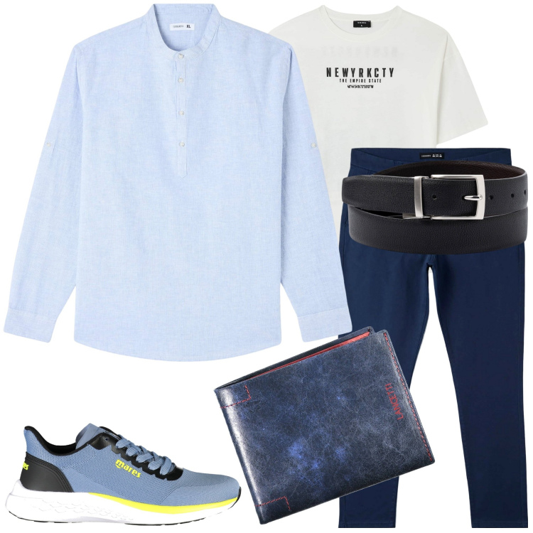 Outfit uomo - Accessori per la primavera. Stile Casual per Tutti i giorni. Abbinamento con t-shirt, camicie, pantaloni chino, cinture, portafogli, scarpe sportive.
