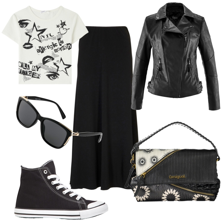 Outfit donna - Skirt e sneakers per City Life. Stile Urban per Tutti i giorni. Abbinamento con blazer, sneakers alte, gonne, occhiali da sole, t-shirt, borse a spalla.