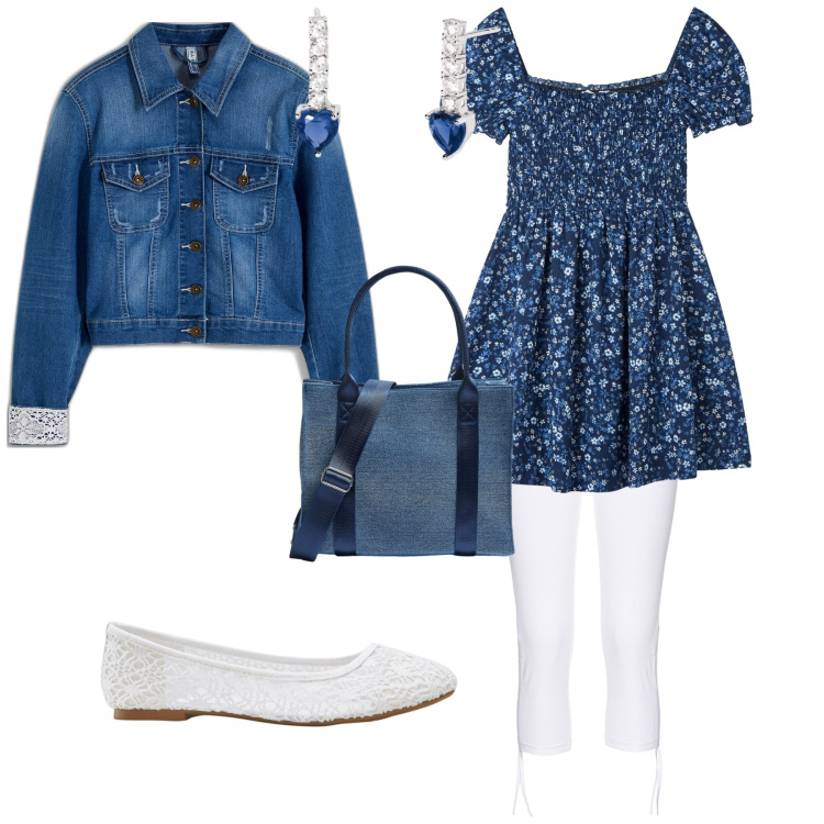 Outfit donna - Romantica a passeggio. Stile Romantica per Tutti i giorni. Abbinamento con ballerine, leggings, blazer, vestiti corti, shopping bag, orecchini.