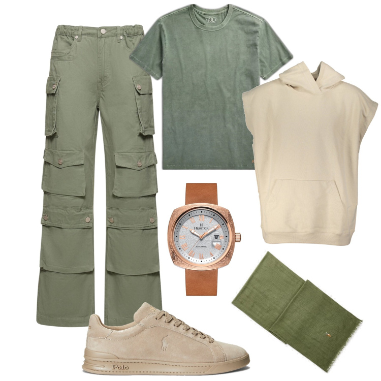 Outfit uomo - Fine settimana in libertà. Stile Casual per Tutti i giorni. Abbinamento con orologi, sneakers, t-shirt, sciarpe, pantaloni cargo, felpe con cappuccio.