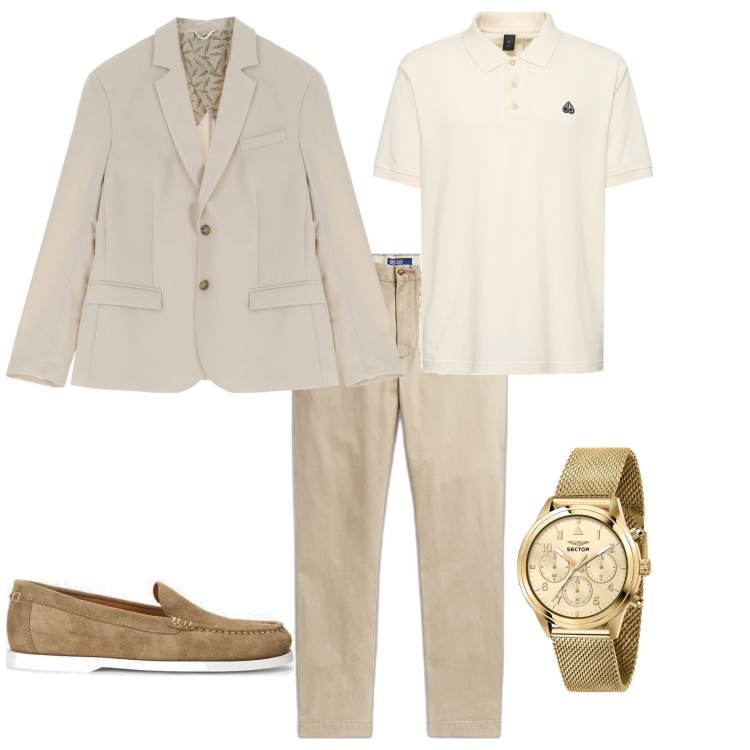 Outfit uomo - Eleganza beige trendy. Stile Trendy per Cerimonia. Abbinamento con orologi, giacche, scarpe stringate, pantaloni chino, polo.