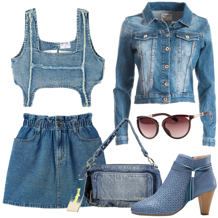Outfit donna - Denim mania. Stile Trendy per Tutti i giorni. Abbinamento con occhiali da sole, stivaletti, top, minigonne, blazer, borse a spalla.