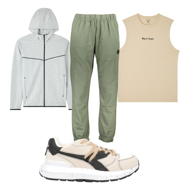 Outfit uomo - Total look #1853655. Stile Trendy per Sport. Abbinamento con sneakers, felpe con cappuccio, canottiere, pantaloni.