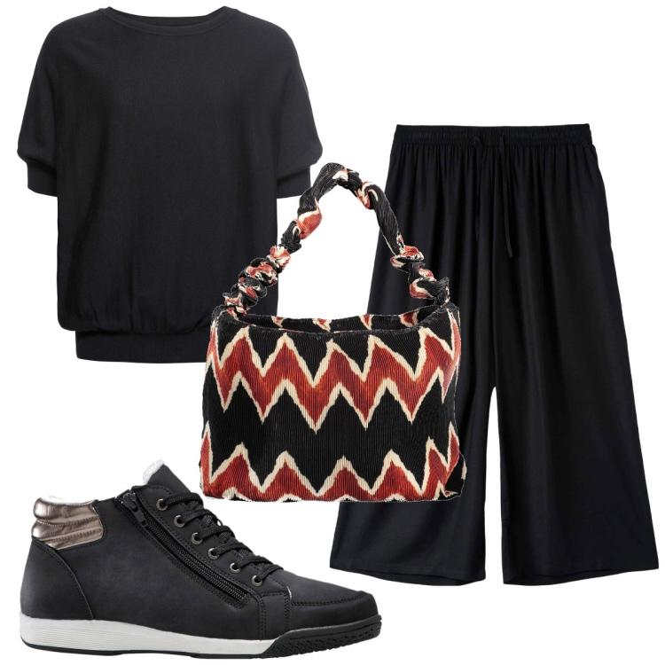 Outfit donna - Total look #1853668. Stile Basic per Tutti i giorni. Abbinamento con maglieria, sneakers alte, pantaloni a palazzo, borse a spalla.