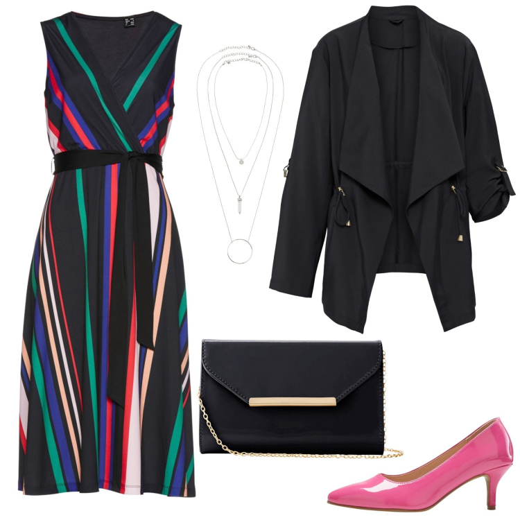 Outfit donna - Il vestito a righe. Stile Casual chic per Cerimonia. Abbinamento con vestiti, ciondoli, blazer, décolleté, pochette.