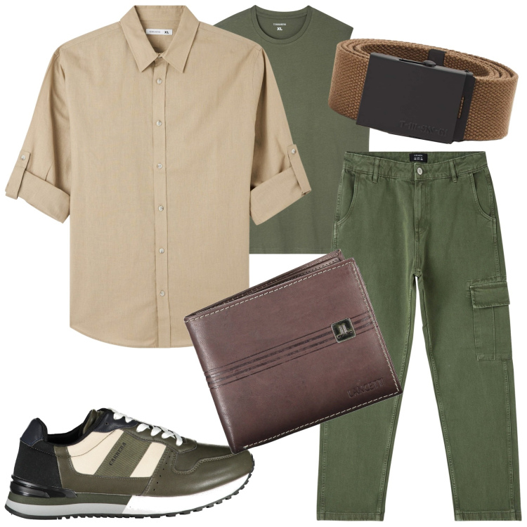 Outfit uomo - Verde+beige. Stile Casual per Tutti i giorni. Abbinamento con t-shirt, camicie, pantaloni cargo, cinture, scarpe sportive, portafogli.
