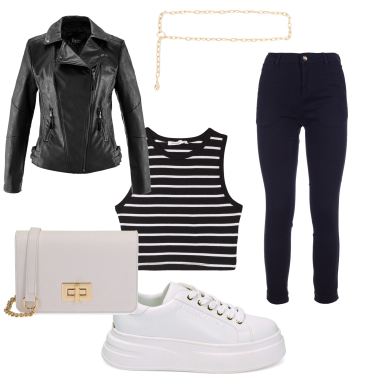 Outfit donna - Total look #1853694. Stile Casual per Tutti i giorni. Abbinamento con blazer, collane, top, pantaloni, sneakers, borse a tracolla.