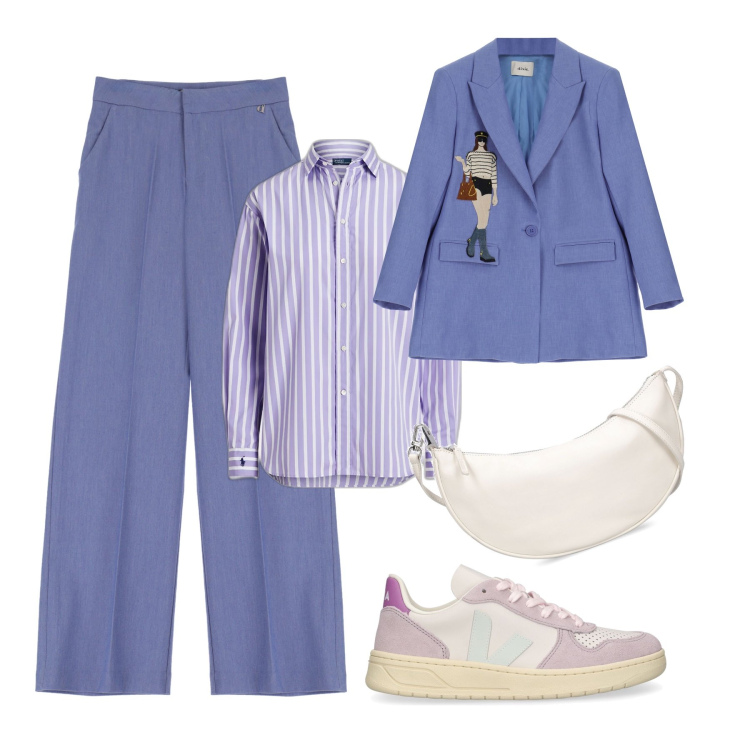 Outfit donna - Viola in primavera. Stile Casual chic per Tutti i giorni. Abbinamento con blazer, pantaloni, camicie, sneakers, borse a spalla.