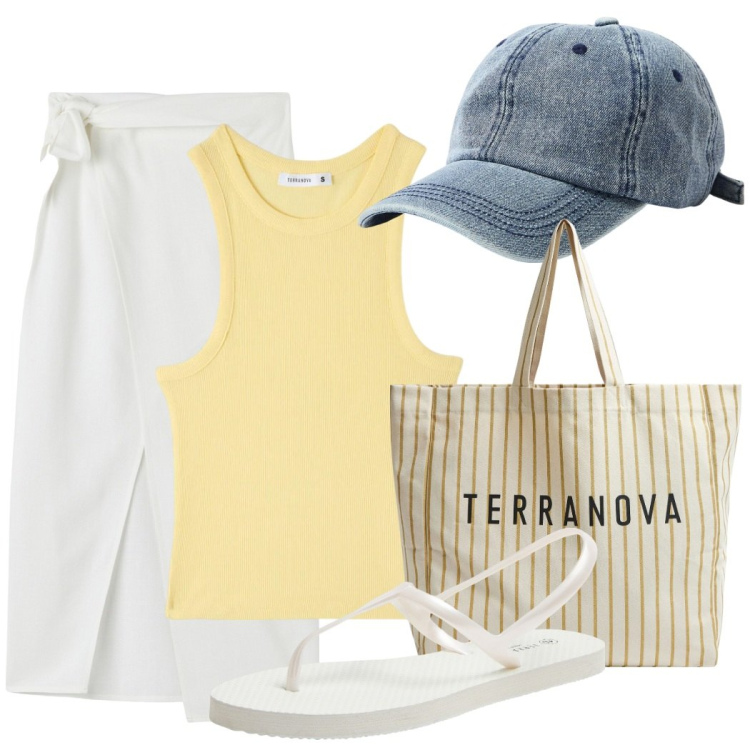 Outfit donna - Sol. Stile Basic per Tutti i giorni. Abbinamento con sandali, gonne lunghe, cappelli, canottiere, borse tote.