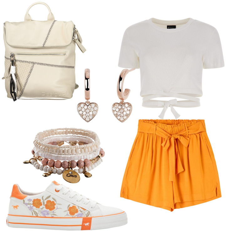 Outfit donna - Total look #1853727. Stile Casual per Tutti i giorni. Abbinamento con sneakers, braccialetti, shorts, orecchini, top, zaini.