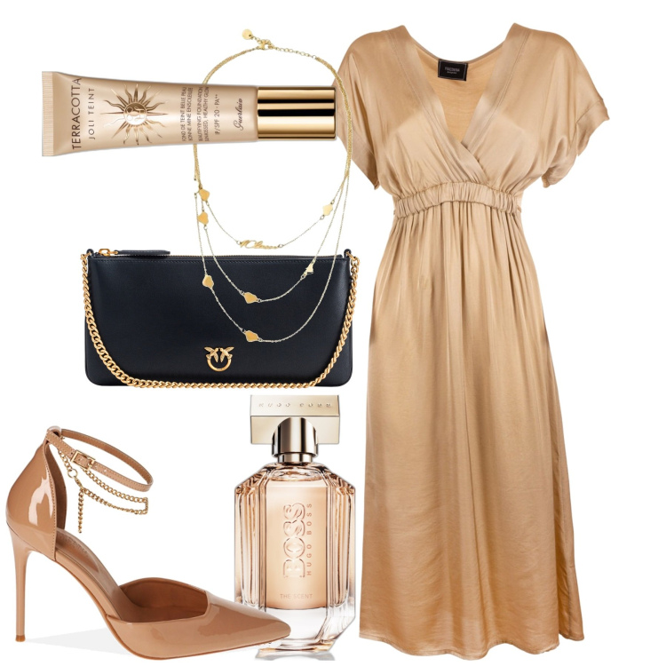 Outfit donna - Serata. Stile Chic per Serata fuori. Abbinamento con collane, fondotinta, profumi, borse a tracolla, vestiti midi/longuette, décolleté.