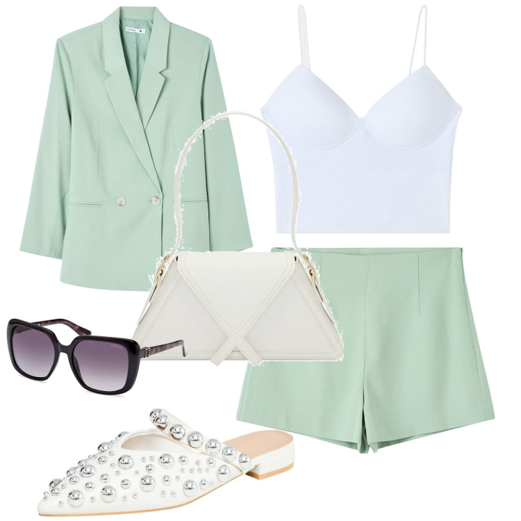 Outfit donna - City. Stile Glamour per Tutti i giorni. Abbinamento con top, blazer, shorts, ballerine, borse a spalla, occhiali da sole.