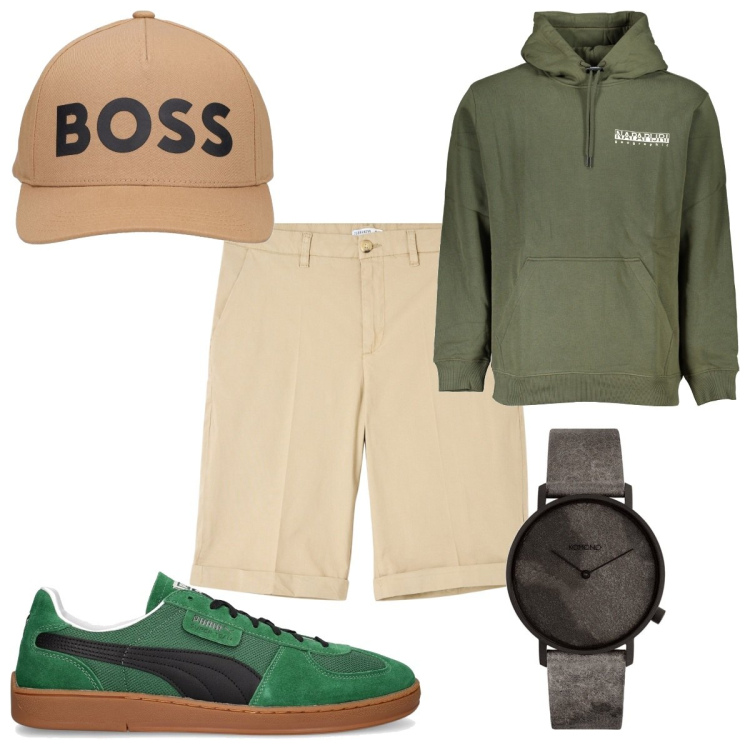 Outfit uomo - Primavera in verde e beige. Stile Trendy per Tutti i giorni. Abbinamento con orologi, bermuda, cappelli, sneakers, felpe con cappuccio.