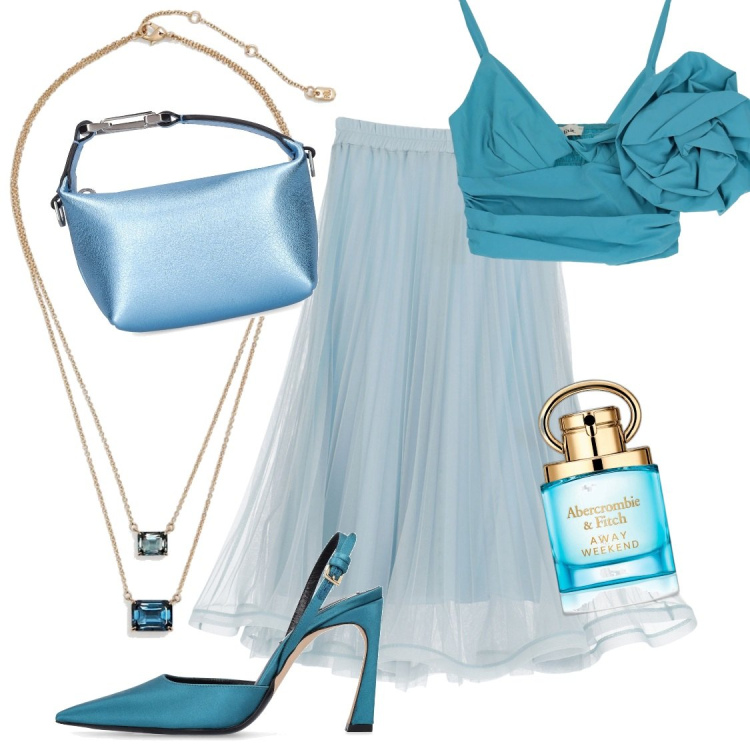 Outfit donna - Rève bleu. Stile Chic per Cerimonia. Abbinamento con profumi, gonne lunghe, top, collane, borse a mano, décolleté.
