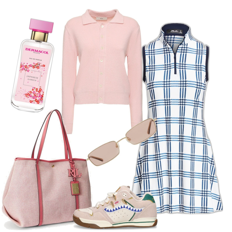 Outfit donna - Outfit sportivo. Stile Sporty chic per Tutti i giorni. look ideale per Petite. Abbinamento con profumi, borse tote, vestiti, sneakers, cardigans, occhiali da sole.