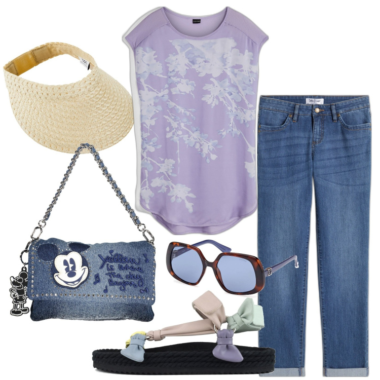 Outfit donna - Tempo libero. Stile Casual per Tutti i giorni. Abbinamento con jeans dritti, maglieria, cappelli con visiera, sandali, borse a spalla, occhiali da sole.