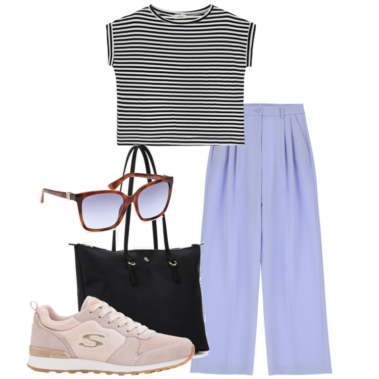 Outfit donna - Presto fatto. Stile Basic per Tutti i giorni. Abbinamento con sneakers, pantaloni, t-shirt, borse tote, occhiali da sole.