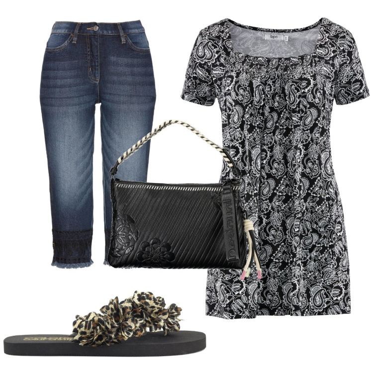 Outfit donna - Total look #1853777. Stile Trendy per Tutti i giorni. Abbinamento con tuniche, jeans, infradito, borse a spalla.