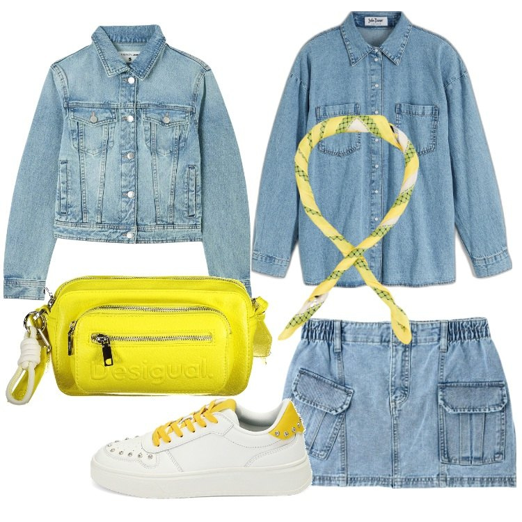 Outfit donna - Total denim. Stile Trendy per Tutti i giorni. Abbinamento con camicie, minigonne, blazer, foulard, sneakers, borse a spalla.