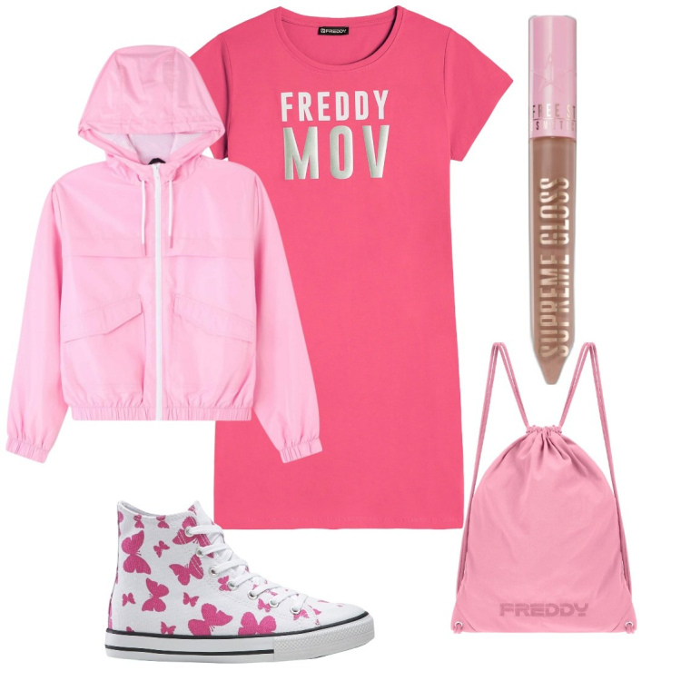 Outfit donna - A spasso con il cane. Stile Basic per Tutti i giorni. Abbinamento con sneakers alte, gloss, blazer, vestiti corti, zaini.