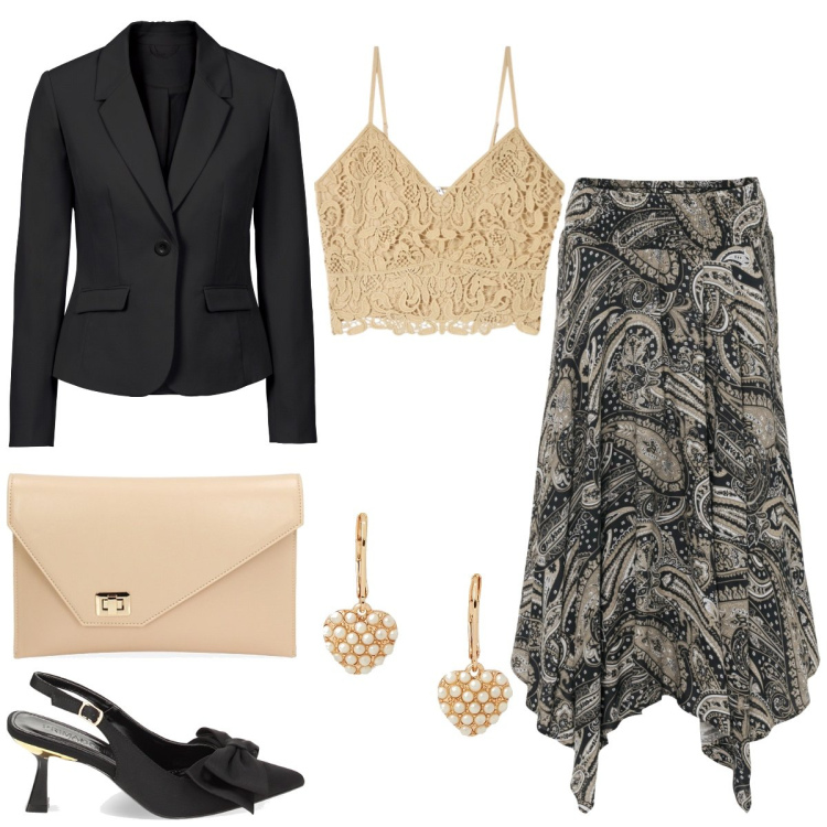 Outfit donna - Cerimonia. Stile Chic per Cerimonia. Abbinamento con gonne longuette, blazer, top, décolleté, pochette, orecchini.