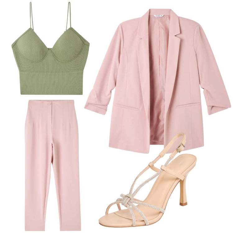 Outfit donna - Terranova mid Season sale. Stile Casual chic per Serata fuori. Abbinamento con pantaloni chino, blazer, top, sandali col tacco.
