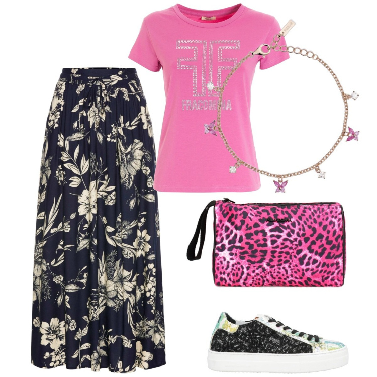 Outfit donna - Colorful sneakers!. Stile Boho per Tutti i giorni. Abbinamento con gonne lunghe, sneakers, braccialetti, t-shirt, valigie.
