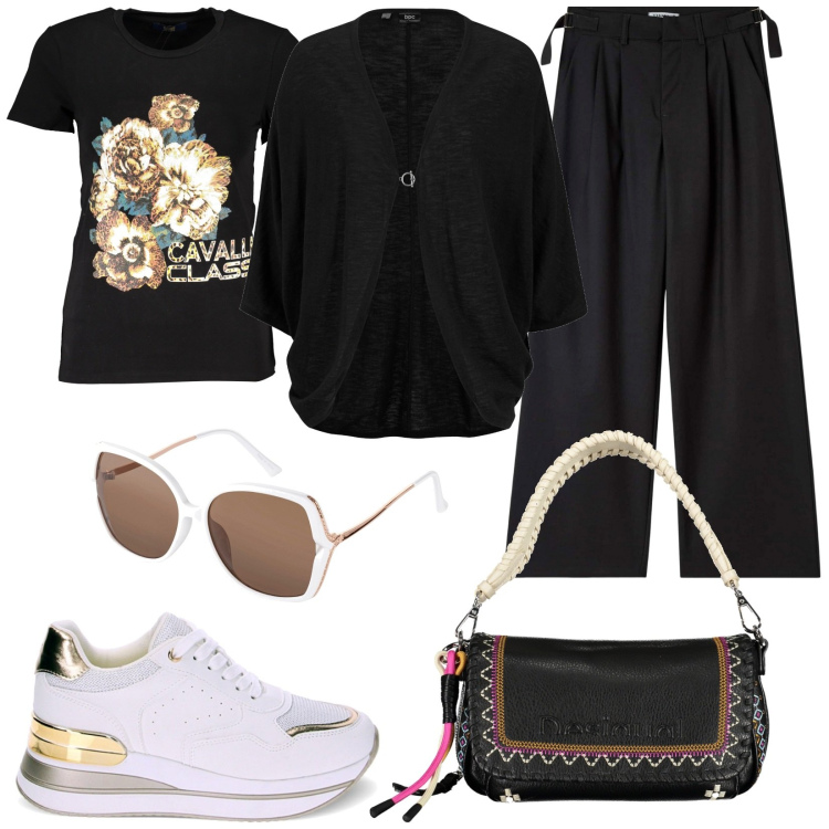 Outfit donna - Colorful sneakers. Stile Trendy per Ufficio. Abbinamento con cardigans, occhiali da sole, pantaloni, sneakers, t-shirt, borse a spalla.
