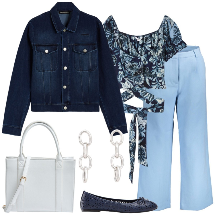 Outfit donna - Shopping. Stile Casual chic per Tutti i giorni. Abbinamento con ballerine, bluse, shopping bag, orecchini, blazer, pantaloni.