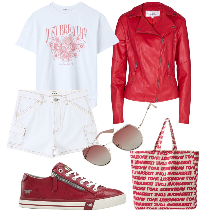 Outfit donna - Le sneakers rosse a passeggio. Stile Casual per Tutti i giorni. Abbinamento con sneakers, blazer, pantaloni corti, t-shirt, borse tote, occhiali da sole.