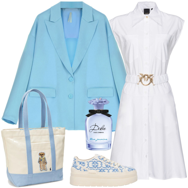 Outfit donna - A big bag. Stile Bon Ton per Tutti i giorni. Abbinamento con profumi, sneakers, vestiti chemisier, blazer, borse tote.