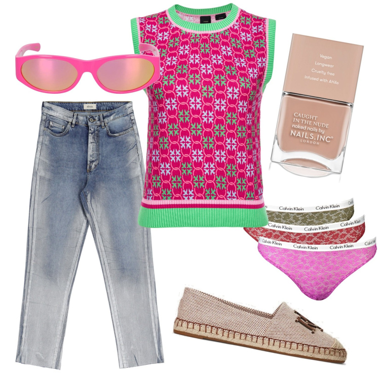 Outfit donna - Multicolor. Stile Trendy per Tutti i giorni. Abbinamento con smalti, top, jeans slim fit, espadrillas, culotte, occhiali da sole.