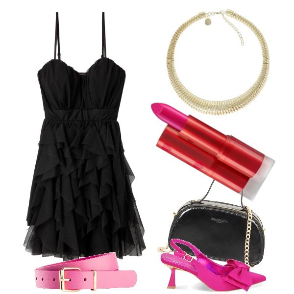 Outfit donna - Bella in ciclamino. Stile Glamour per Serata fuori. look ideale per Petite. Abbinamento con cinture, rossetti, vestiti, décolleté, borse a mano, collane.