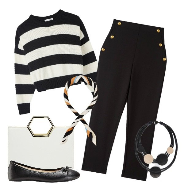 Outfit donna - Marinara alla Coco. Stile Bon Ton per Mare. look ideale per Petite. Abbinamento con ballerine, pantaloni chino, maglieria, foulard, borse a mano, collane.