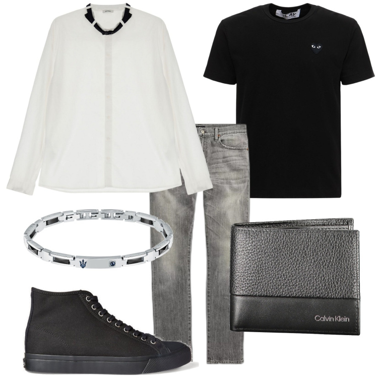 Outfit uomo - Festiamo. Stile Trendy per Serata speciale. Abbinamento con braccialetti, camicie, sneakers, jeans, t-shirt, portafogli.