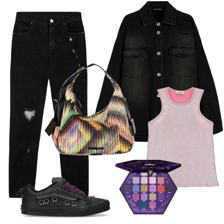 Outfit donna - Total look #1853891. Stile Trendy per Serata fuori. Abbinamento con ombretti, jeans skinny, camicie, top, borse a spalla, sneakers.