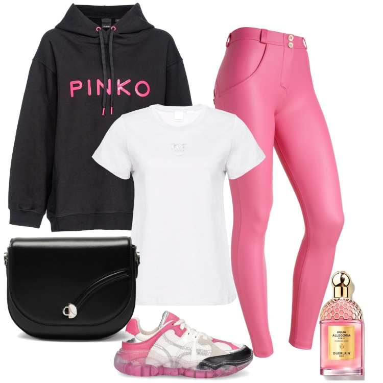 Outfit donna - Rosa e nero. Stile Basic per Tutti i giorni. Abbinamento con profumi, t-shirt, felpe con cappuccio, pantaloni skinny, sneakers, borse a tracolla.