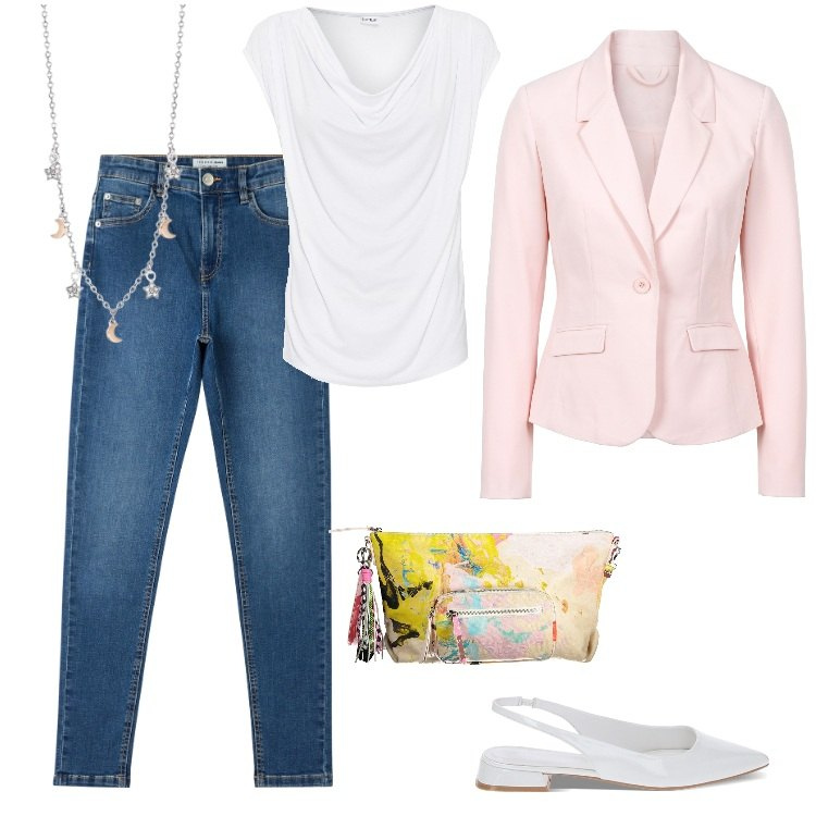 Outfit donna - Total look #1853900. Stile Casual chic per Ufficio. Abbinamento con blazer, maglieria, jeans skinny, collane, ballerine, borse a tracolla.