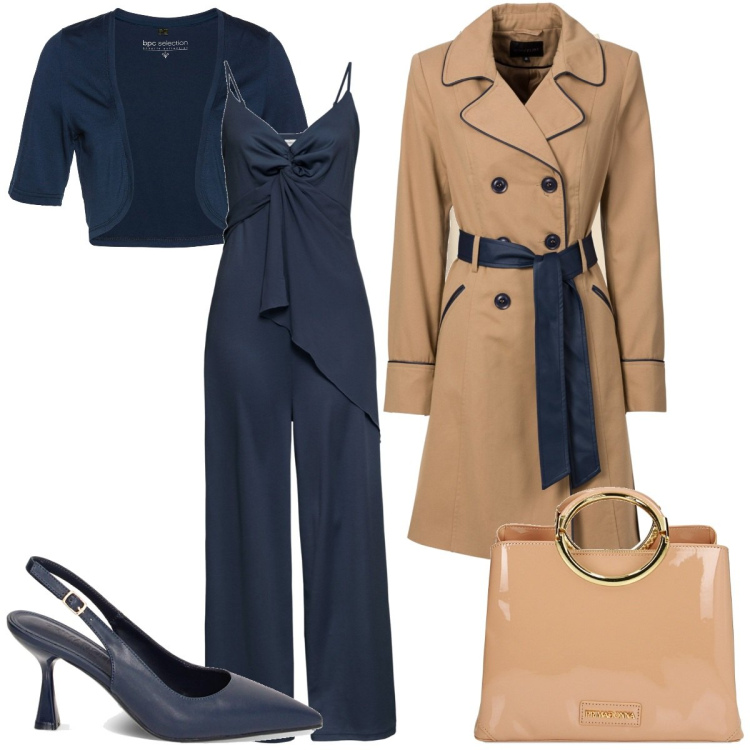 Outfit donna - Casual chic. Stile Casual chic per Ufficio. Abbinamento con trench, tuta, blazer, borse a mano, décolleté, minigonne.