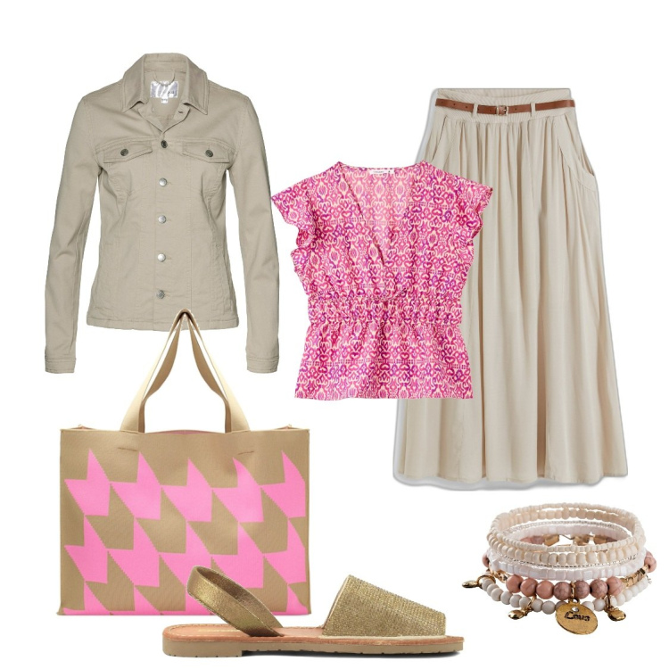 Outfit donna - Una gonna per la primavera. Stile Casual per Tutti i giorni. Abbinamento con gonne lunghe, blazer, braccialetti, bluse, borse a spalla, sandali in pelle.