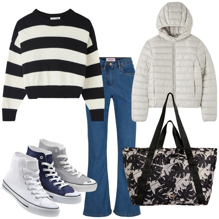 Outfit donna - L\'amica estrosa sotto la pioggia. Stile Casual per Tutti i giorni. Abbinamento con jeans bootcut, sneakers alte, blazer, maglieria, shopping bag.