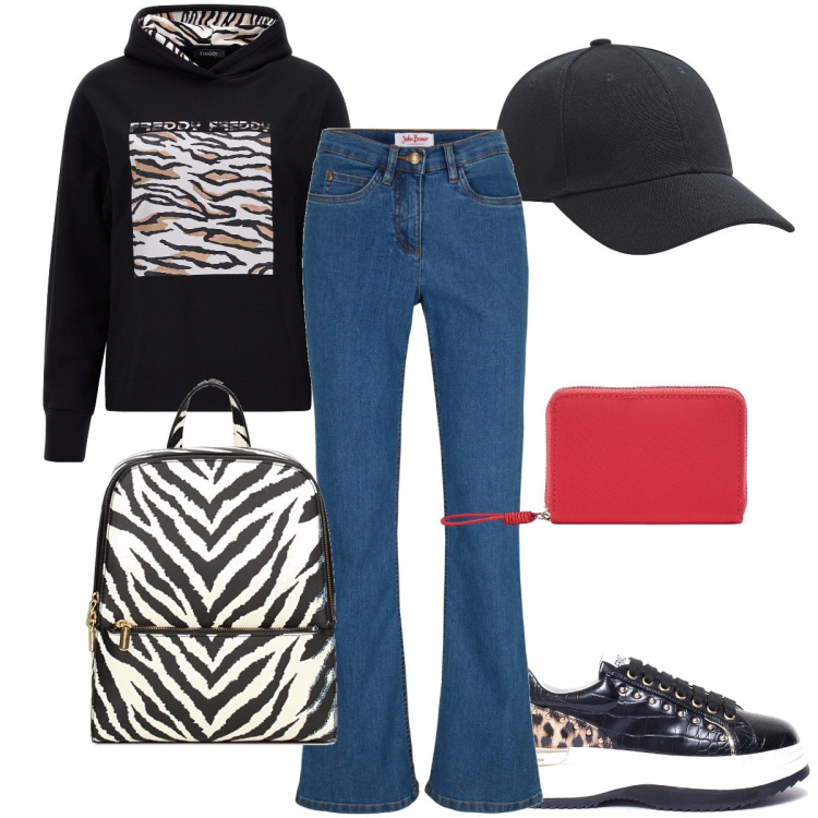 Outfit donna - Motivi animalier. Stile Casual per Scuola/Università. Abbinamento con jeans bootcut, cappelli, portafogli, sneakers, zaini, felpe con cappuccio.