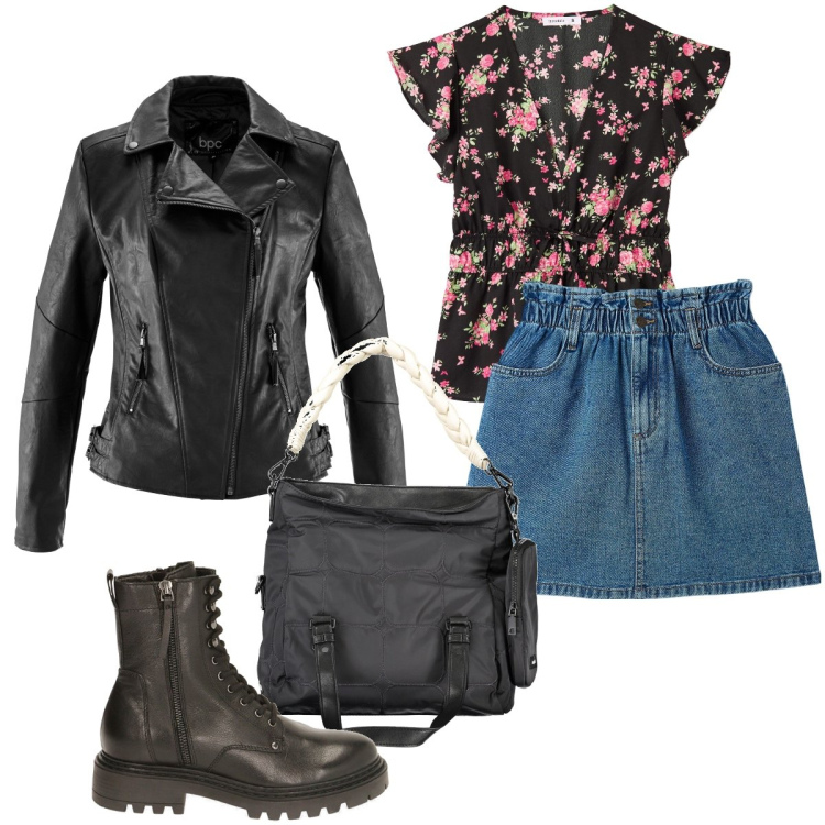 Outfit donna - La blusa a fiori. Stile Rock per Serata fuori. Abbinamento con blazer, bluse, minigonne, anfibi, borse a spalla.