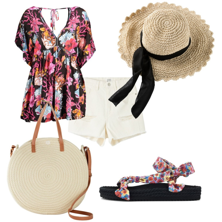 Outfit donna - Total look #1853957. Stile Boho per Tutti i giorni. Abbinamento con cappelli, shopping bag, shorts, vestiti corti, sandali.