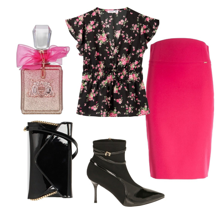 Outfit donna - Madame Bouquet. Stile Chic per Ufficio. Abbinamento con bluse, profumi, gonne longuette, stivaletti, pochette.