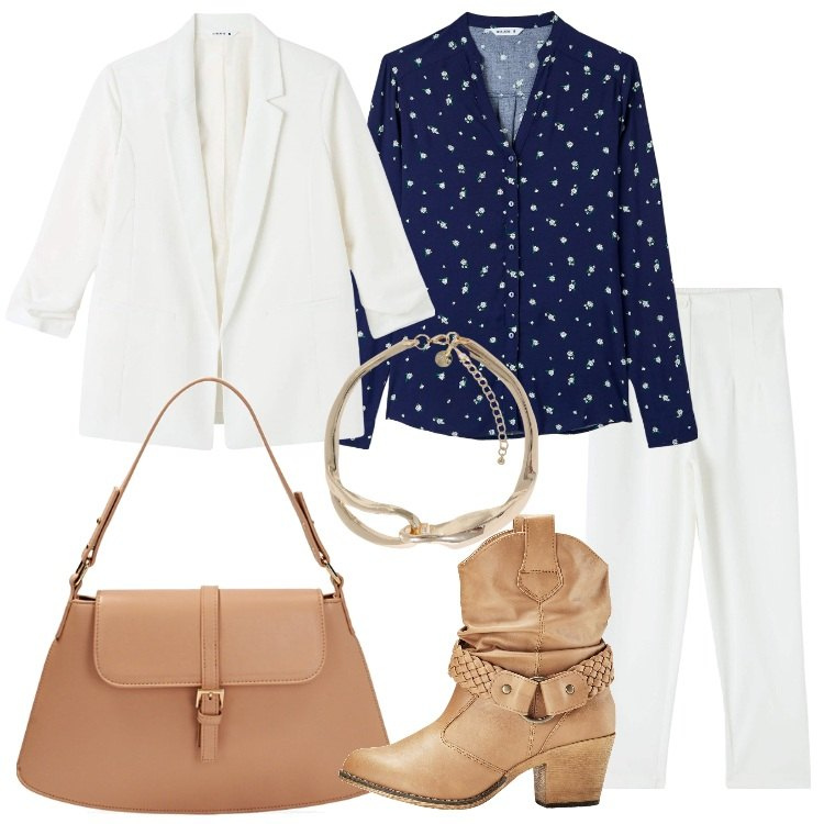 Outfit donna - Mi piace così. Stile Trendy per Tutti i giorni. Abbinamento con stivaletti texani, pantaloni chino, camicie, blazer, borse a spalla, collane.